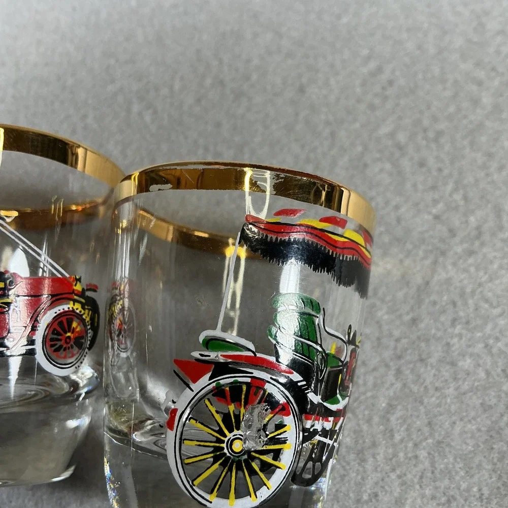 Vintage Car Shot Glass Set Gold Rim Barware 5pc Retro Auto Design‎